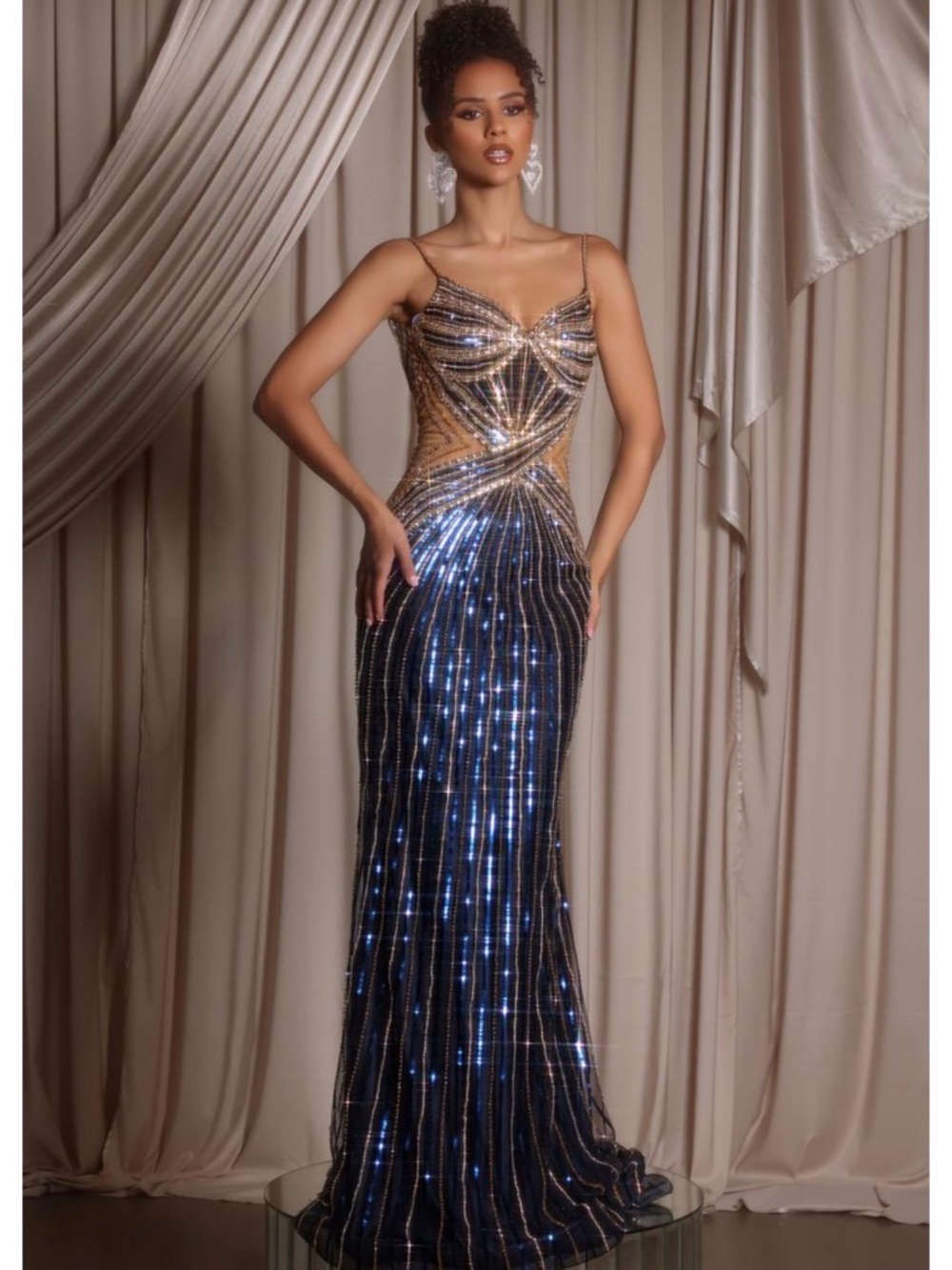 Portia and Scarlett Navy and Gold Sequin Mermaid Gown
